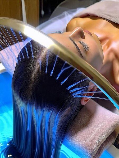 Guest relaxing under a scalp treatment water hood during a head spa in Mineola NY